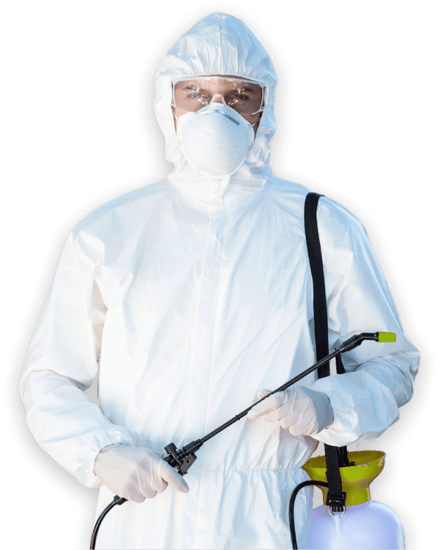 disinfestatore con tuta e maschera protettiva